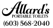Logo for Allard's Portable Toilets, with the company name in elegant script, the service description, and a phone number.