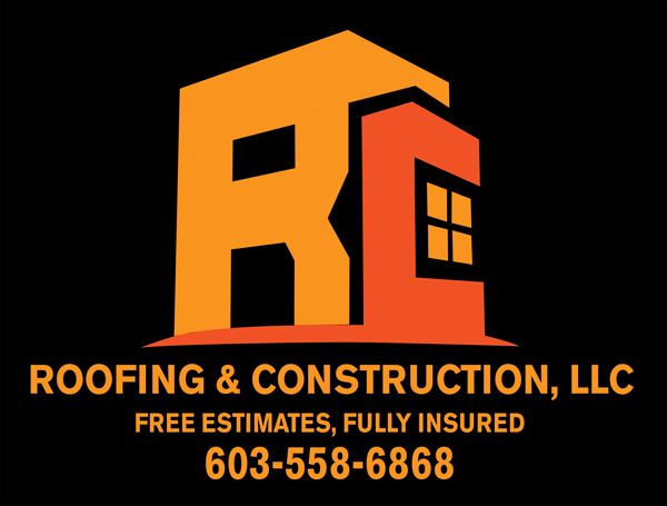 Logo for RC Roofing & Construction, LLC. Orange/yellow stylized building over text, black background. Provides free estimates.