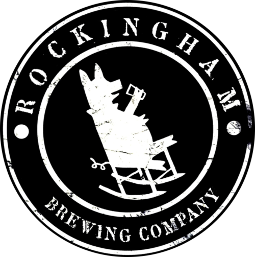 A black and white logo for rockingham brewing company with a dog in a rocking chair.