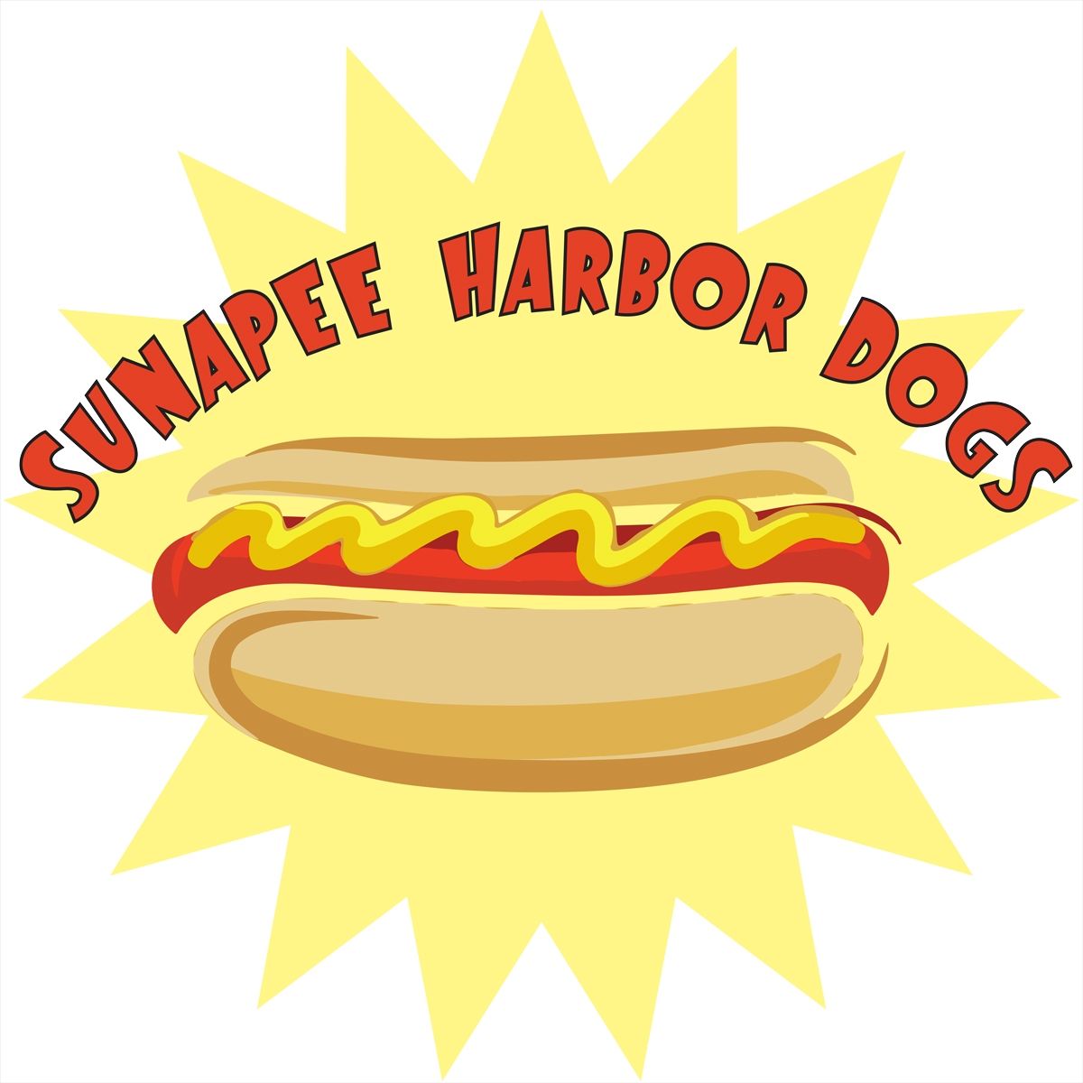 The sunapee harbor dogs logo shows a hot dog with mustard