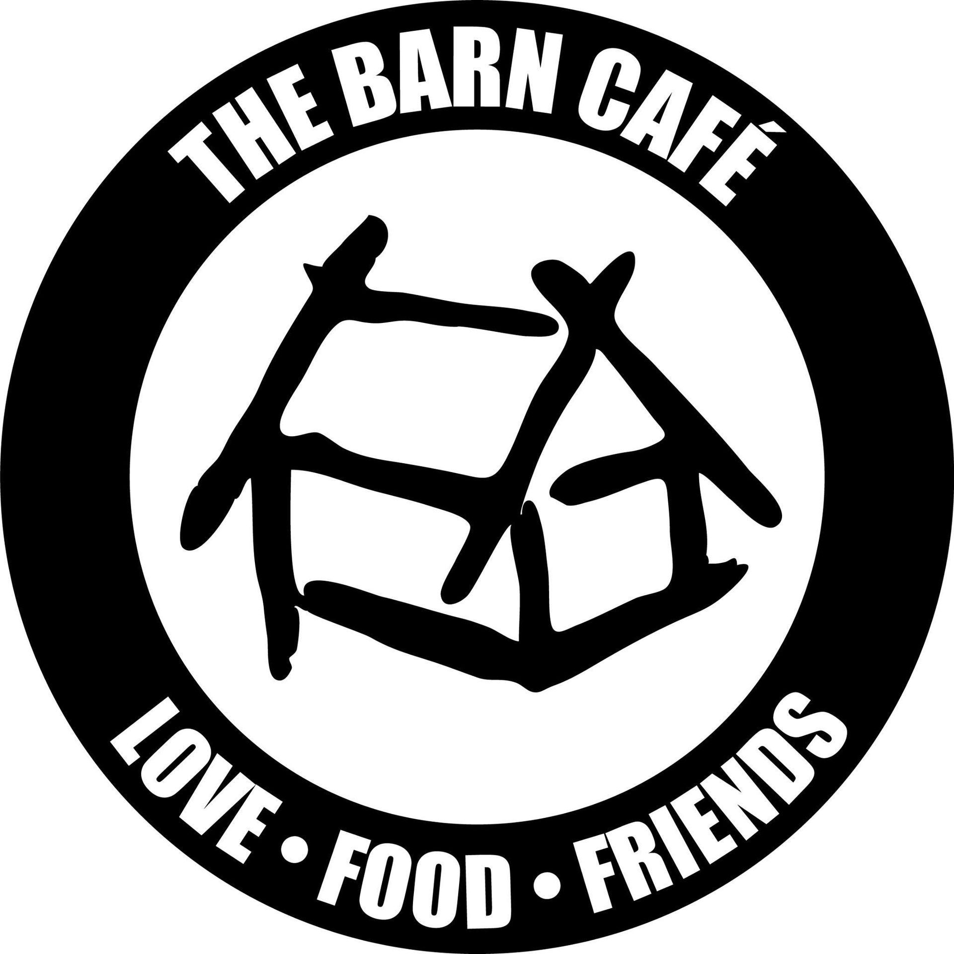 The barn cafe logo is black and white and says `` love food friends ''.