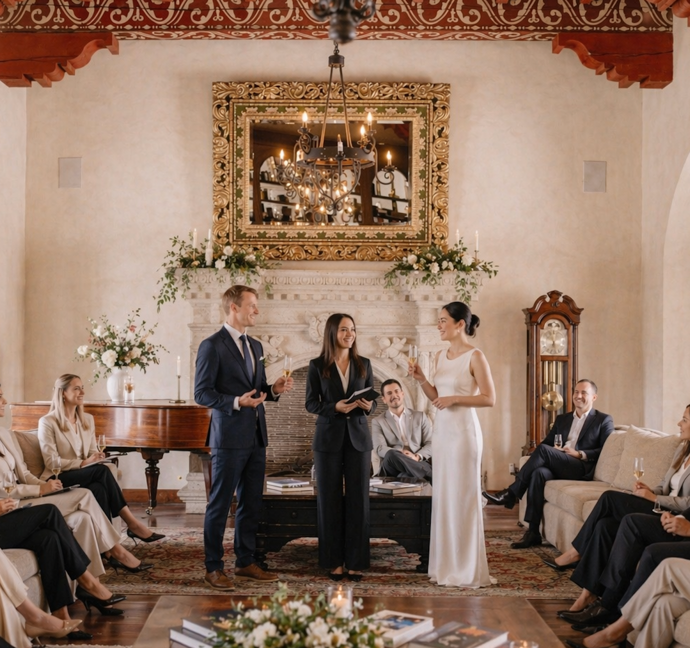 Una pareja se encuentra de pie frente a un oficiante en una sala cálida y elegante durante una ceremonia nupcial, rodeada de invitados sentados.