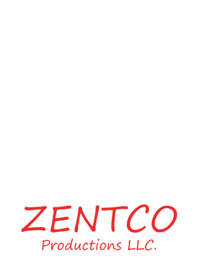 A red and white logo for zentco productions llc