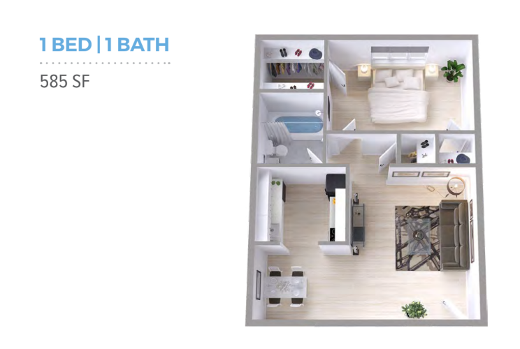 A 3d floor plan of a bedroom and bathroom apartment.