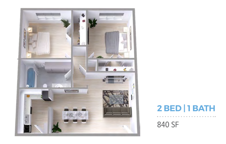 A floor plan of a house with two bedrooms and a bathroom.