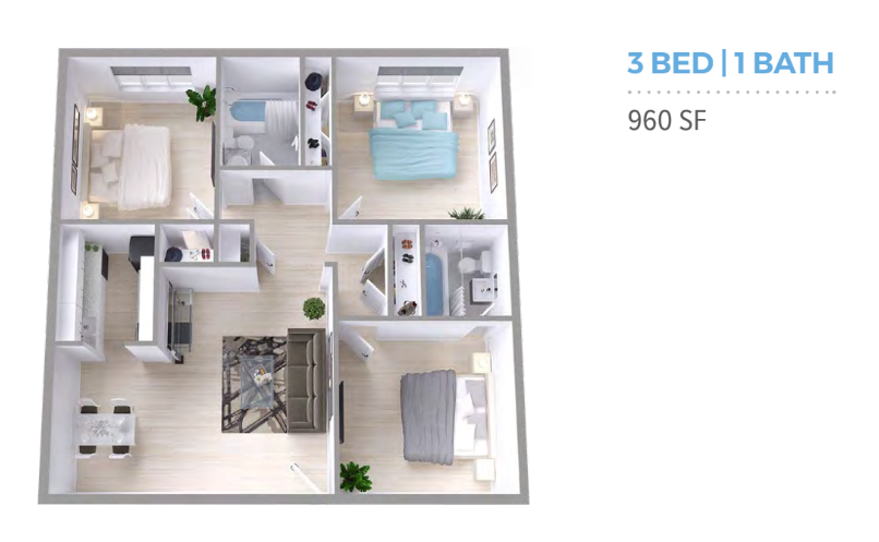 A 3d floor plan of a house with three bedrooms and a bathroom.