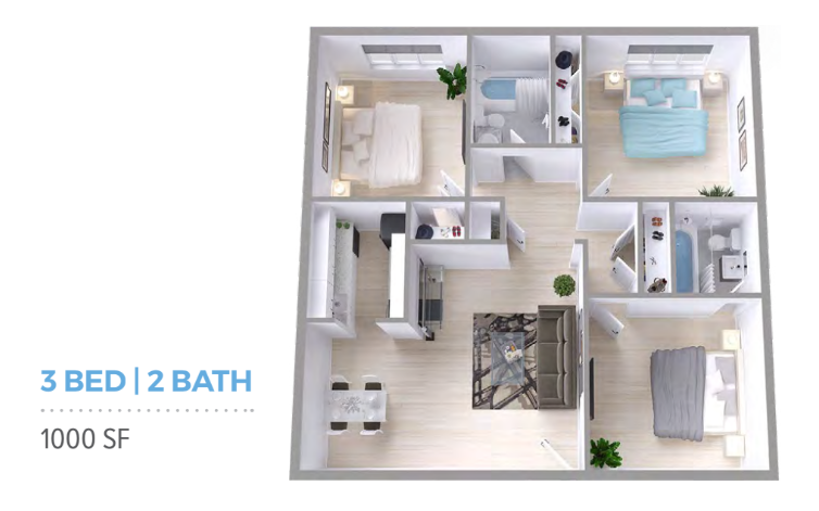 A 3d floor plan of a house with three bedrooms and two bathrooms.