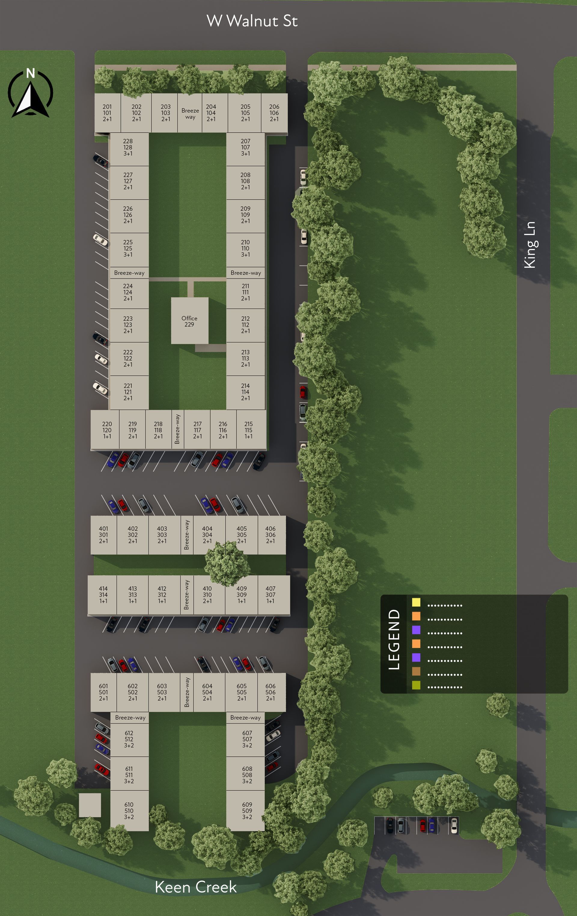 An aerial view of a building with a lot of parking spaces