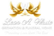 Logo for Leon A. White Cremation & Funeral Home with gold wings and a white “W” on a light background