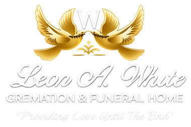 Logo for Leon A. White Cremation & Funeral Home with gold wings and a white “W” on a light background