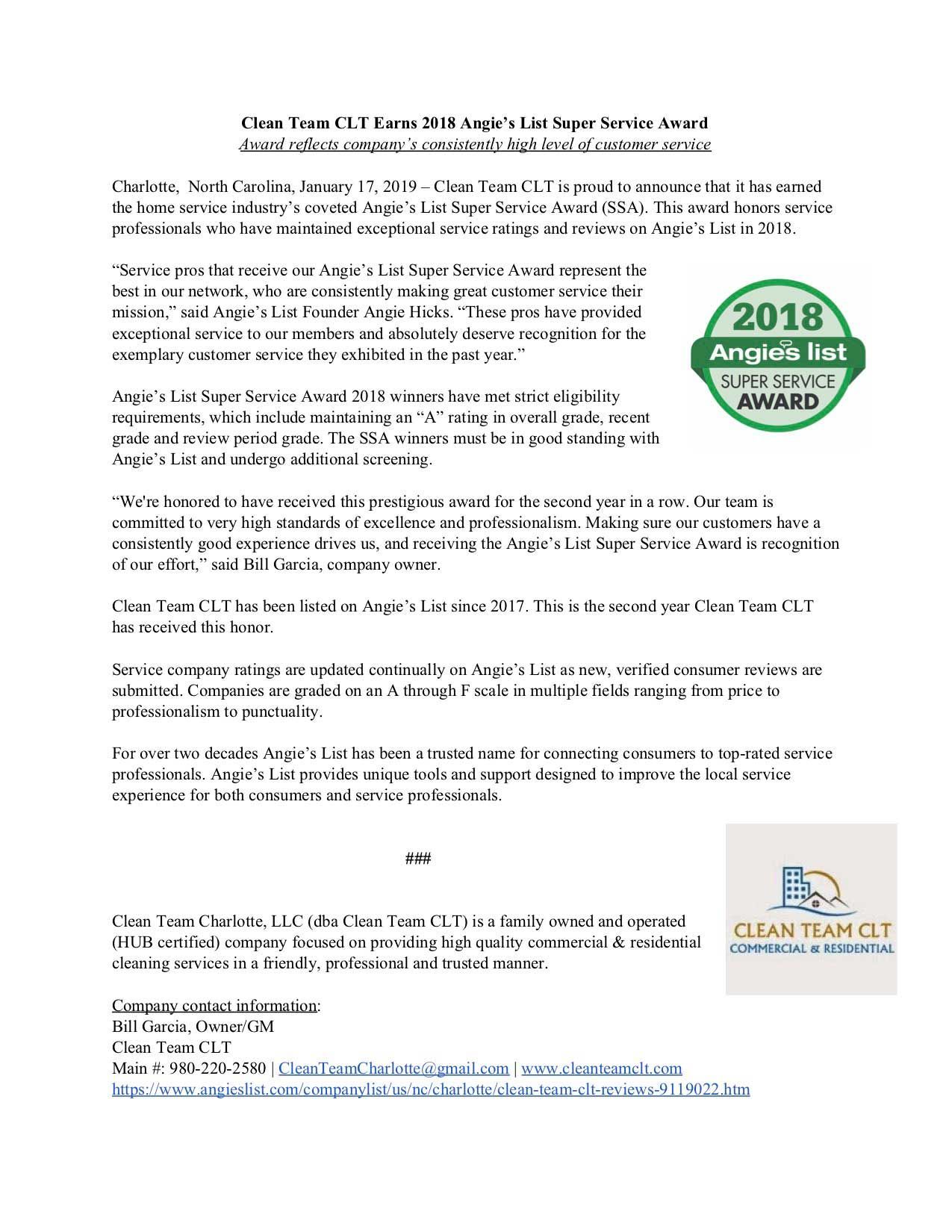 Clean Team CLT Earns 2018 Angie's Lest Super Service Award