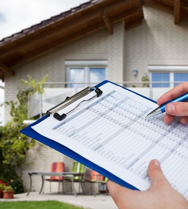 person holding a checklist outside a property