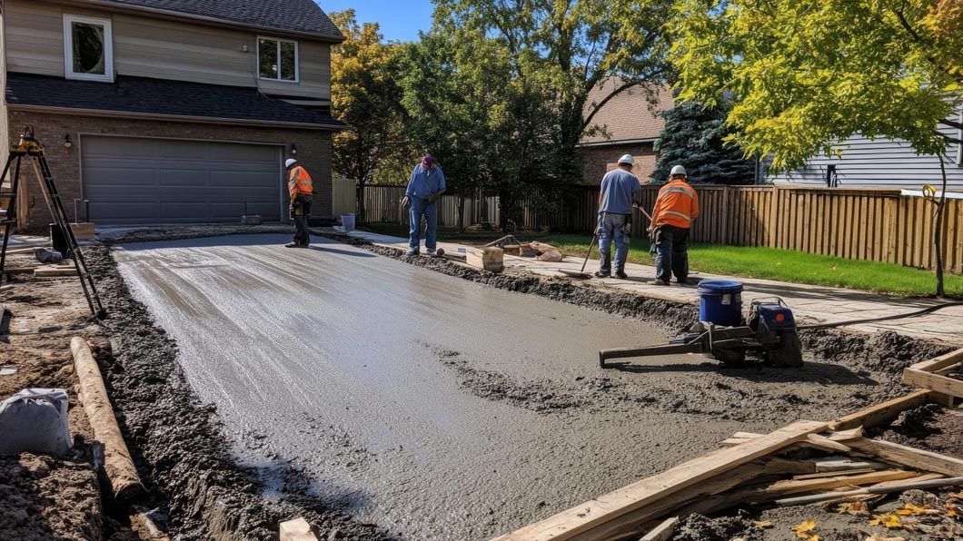 A group of men are working on a concrete driveway in front of a house.