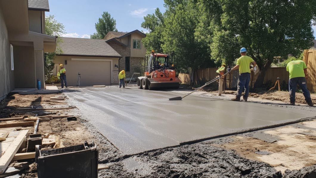 A group of construction workers are working on a concrete driveway in front of a house.