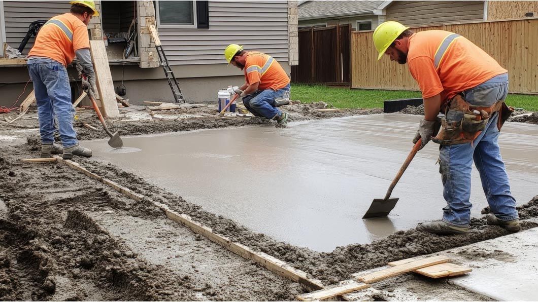 A group of construction workers are working on a concrete driveway.