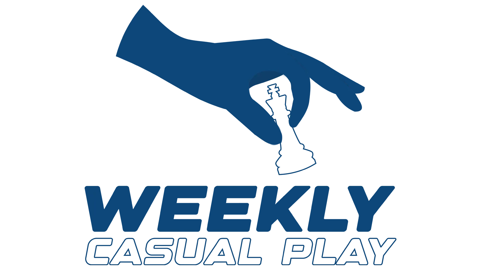 A logo for weekly casual play with a hand holding a chess piece