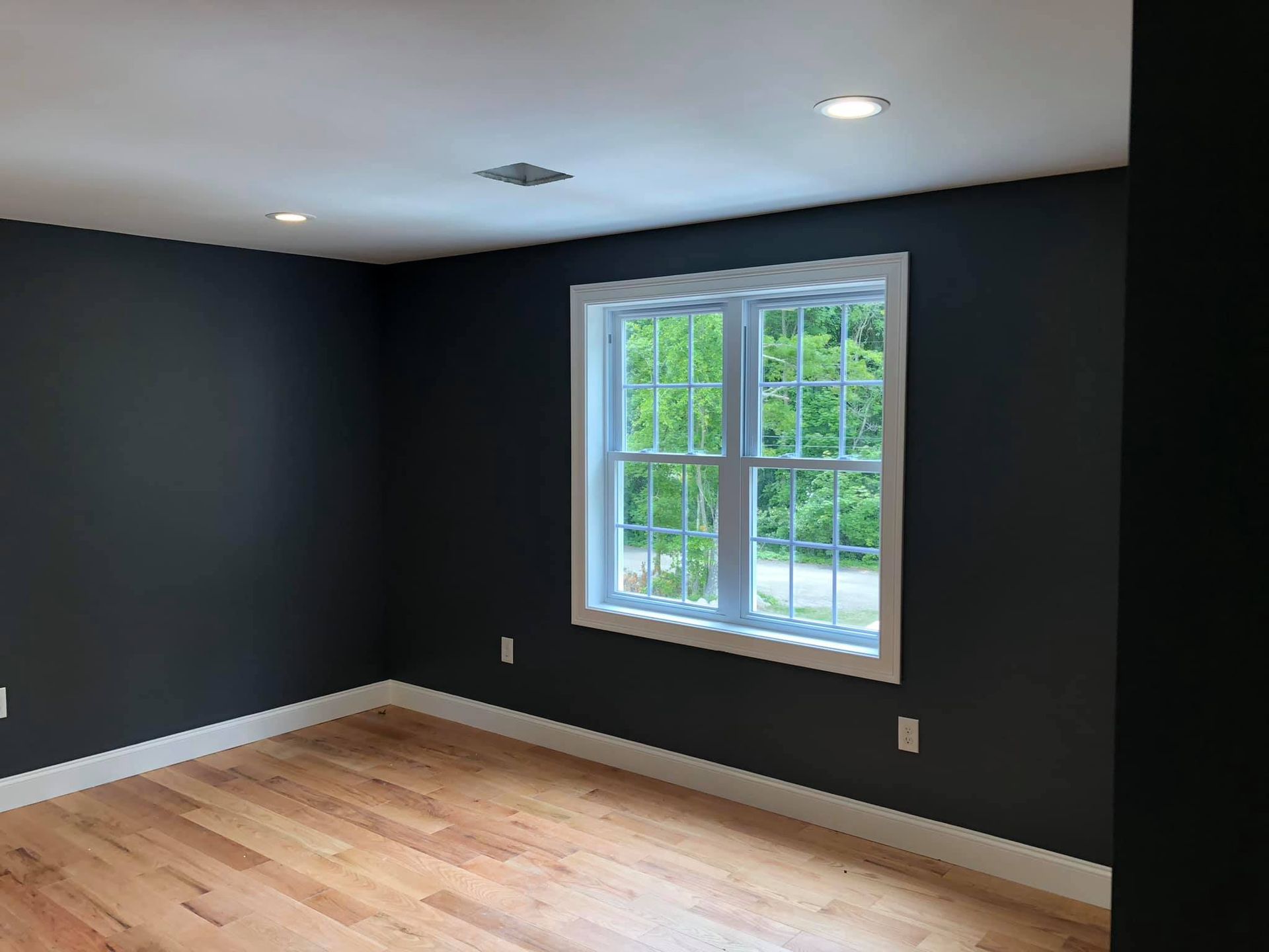 Room with dark gray walls, white trim, and a window with a view of trees.