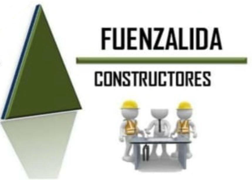 Logotipo para Fuenzaida Constructores: triángulo verde, texto y obreros alrededor de una mesa.