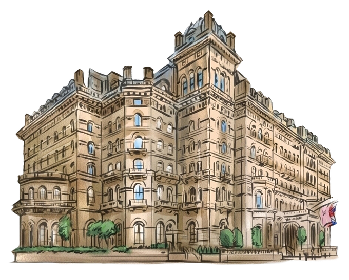 Watercolor illustration of an ornate, multi-story building with a tower, set on a city street.