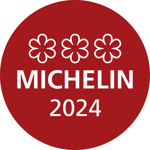 Michelin 3-star restaurant award badge for 2024; white flowers and text on red.