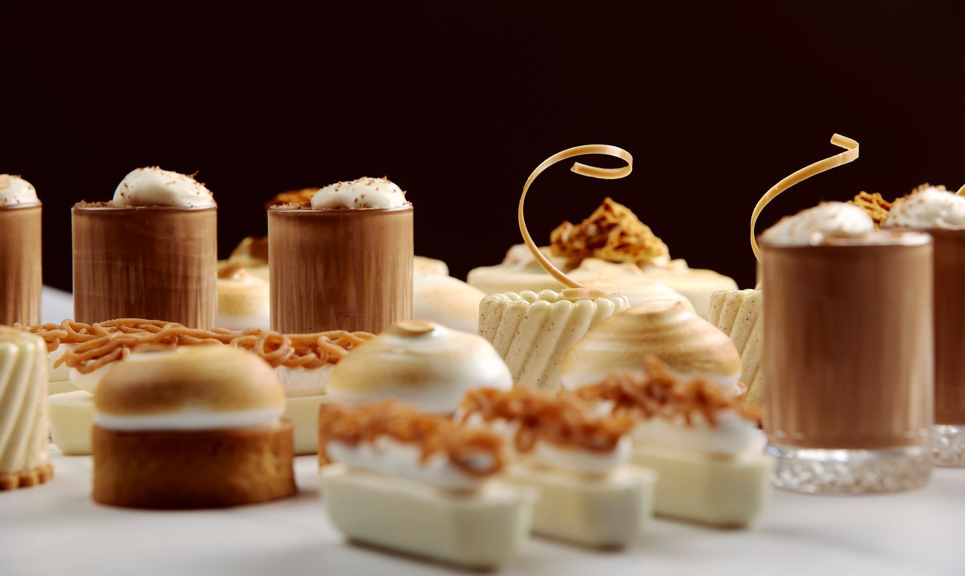 Close-up of assorted miniature desserts on a white surface, featuring chocolate and cream elements.