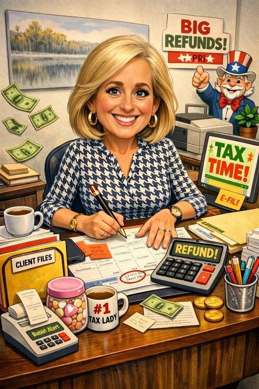 Smiling woman at desk, working on taxes. Sign says 