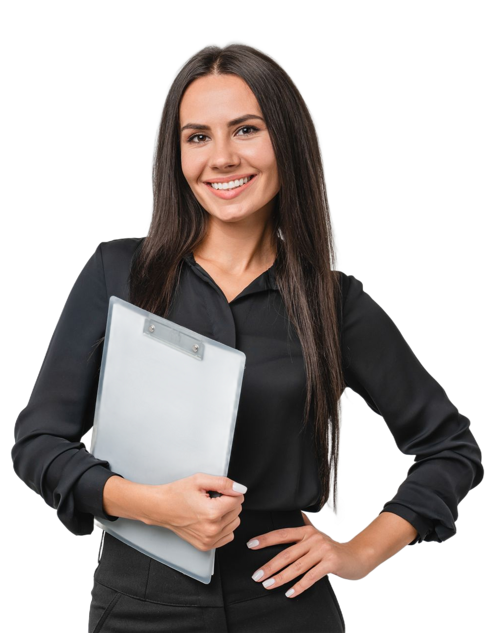 Woman in black shirt and pants smiles, holding a clipboard with one hand on hip.