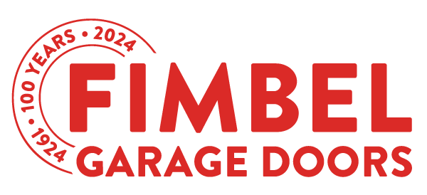 A red and white logo for fibel garage doors