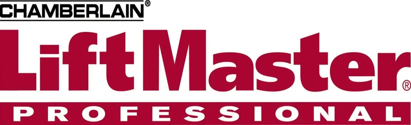 A red and white logo for lift master professional