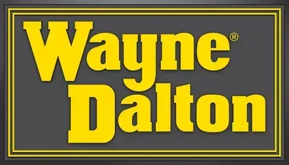 The logo for wayne dalton is yellow on a black background