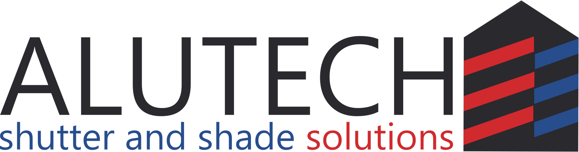 A logo for a company called alutech shutter and shade solutions