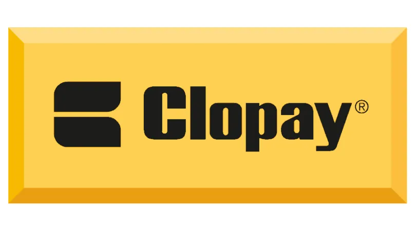 A yellow and black logo for clopay on a white background.