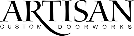 The logo for artisan custom door works is black and white.