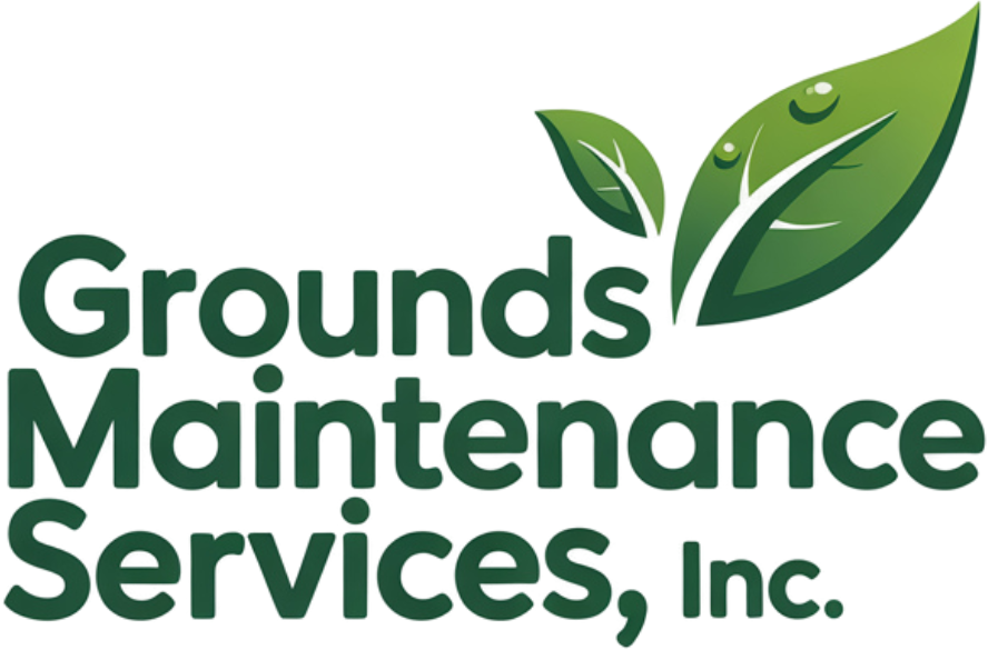 Logo for Grounds Maintenance Services, Inc. featuring green leaves and dark green text.