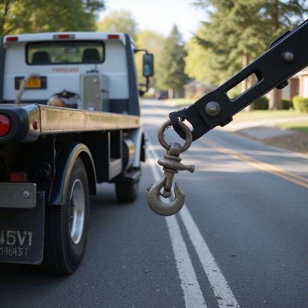 Tow truck with hook extended on a road with white lines, trees, and a residential area in the background.