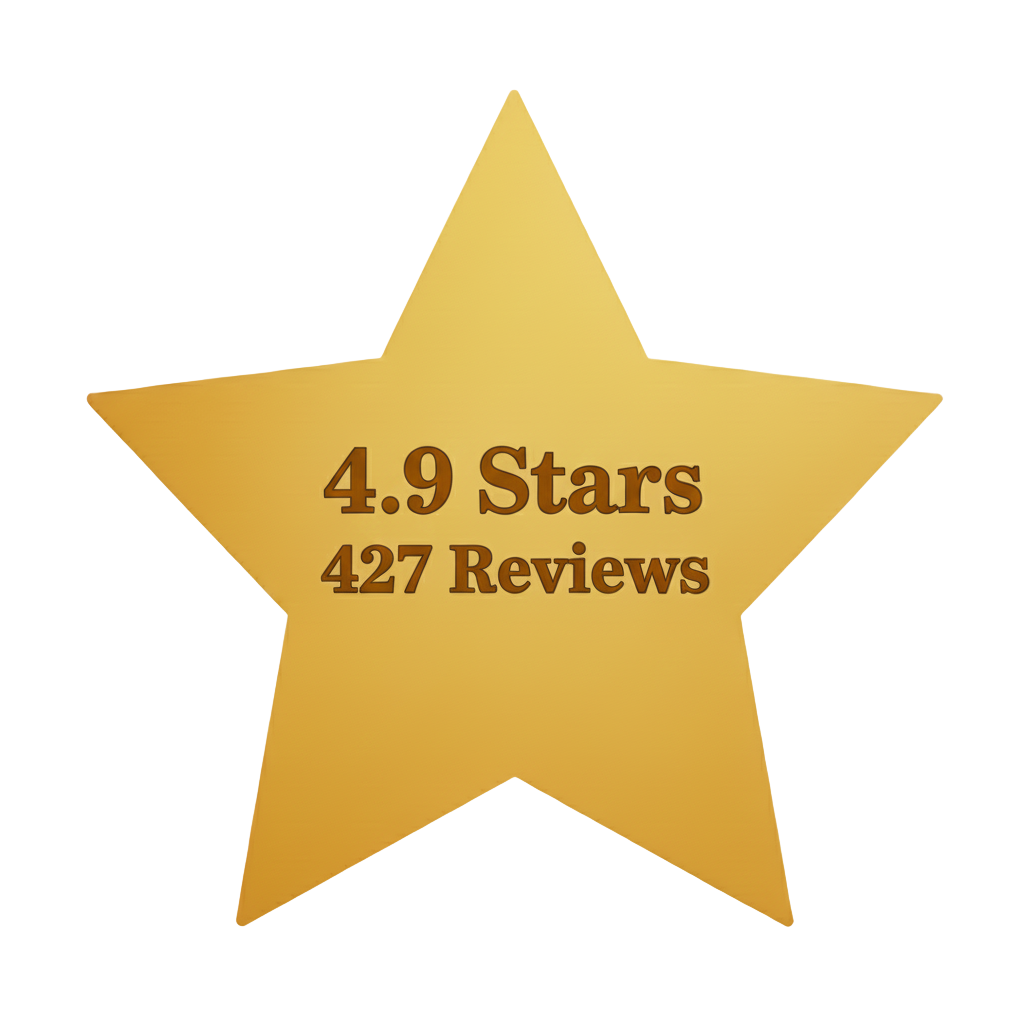 Gold star graphic with 4.9 stars and 427 reviews in brown text.