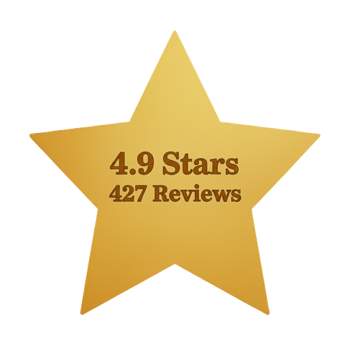 Gold star graphic with 4.9 stars and 427 reviews in brown text.