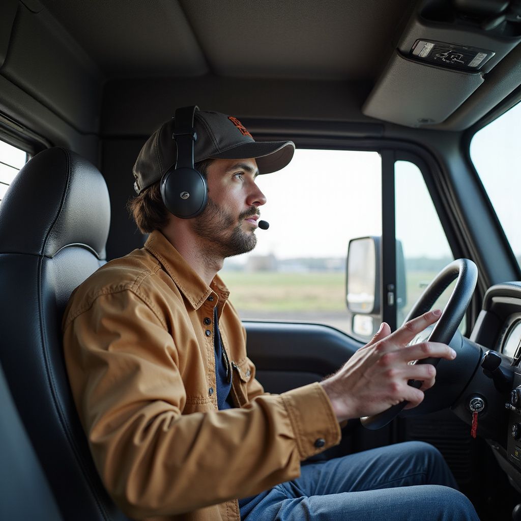 Man driving a truck, wearing a headset, brown jacket, and baseball cap.