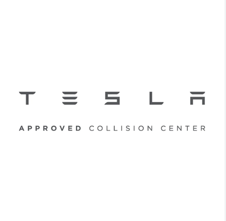 Tesla Approved Collision Center logo. Text: "TESLA", below it: "APPROVED COLLISION CENTER".