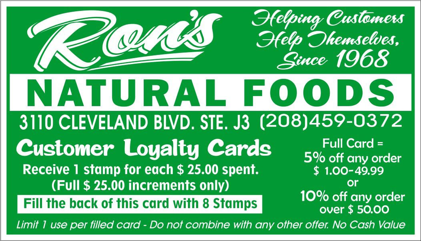 A green and white sign for ron 's natural foods A green and white sign for ron 's natural foods