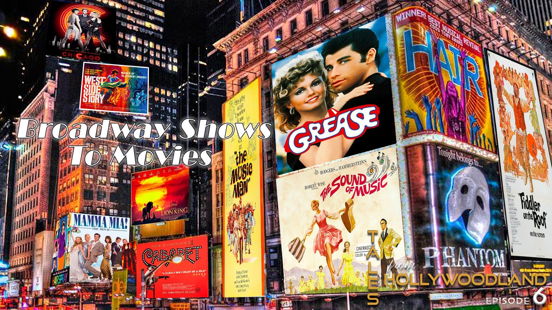 A collage of advertisements including grease and phantom of the opera