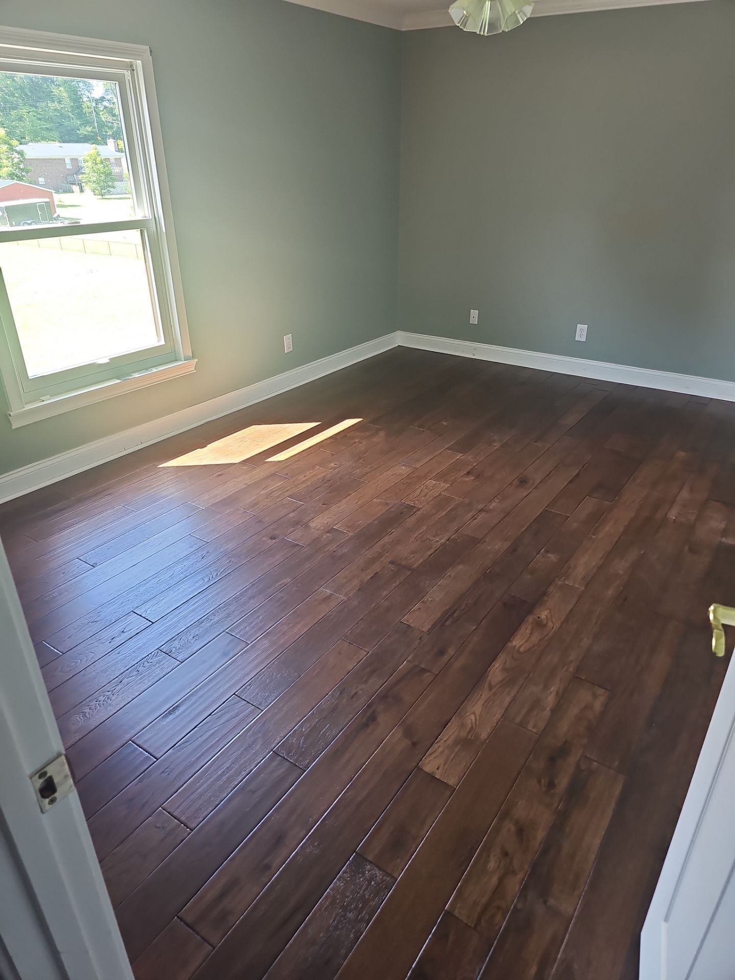 Empty room with dark wood floors, pale green walls, and a window on the left side.