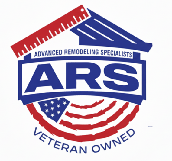 Logo for Advanced Remodeling Specialists (ARS): blue and red with American flag emblem, rooftop shape, and ruler. "Veteran Owned."