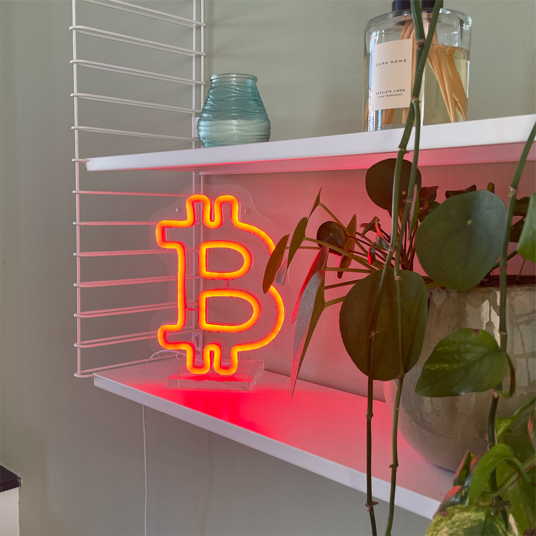 Cryptotag Hodl Light Led Neon Lamp Bitcoin edition in a living room