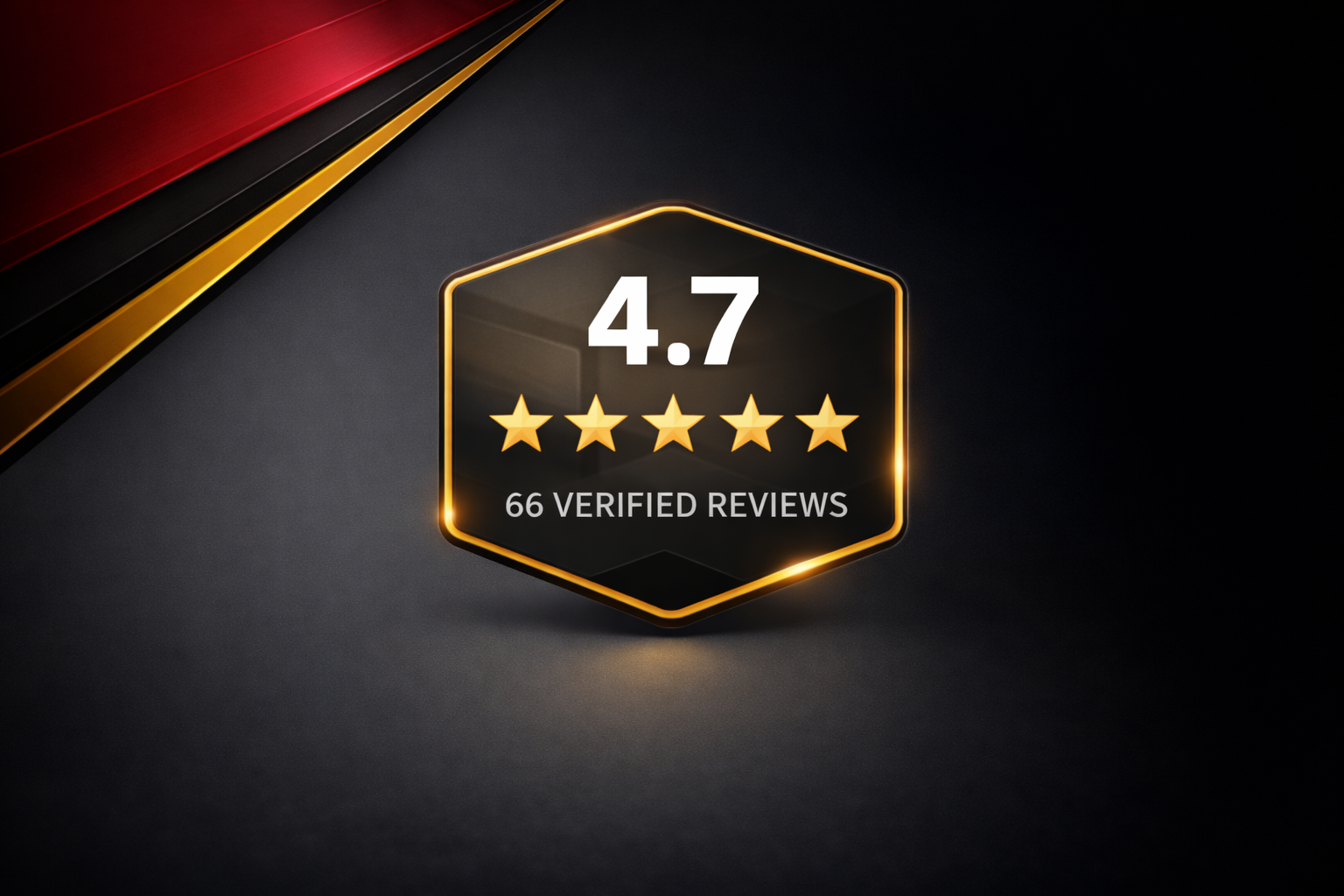 Gold 4.7-star rating badge with “66 verified reviews” on a dark background