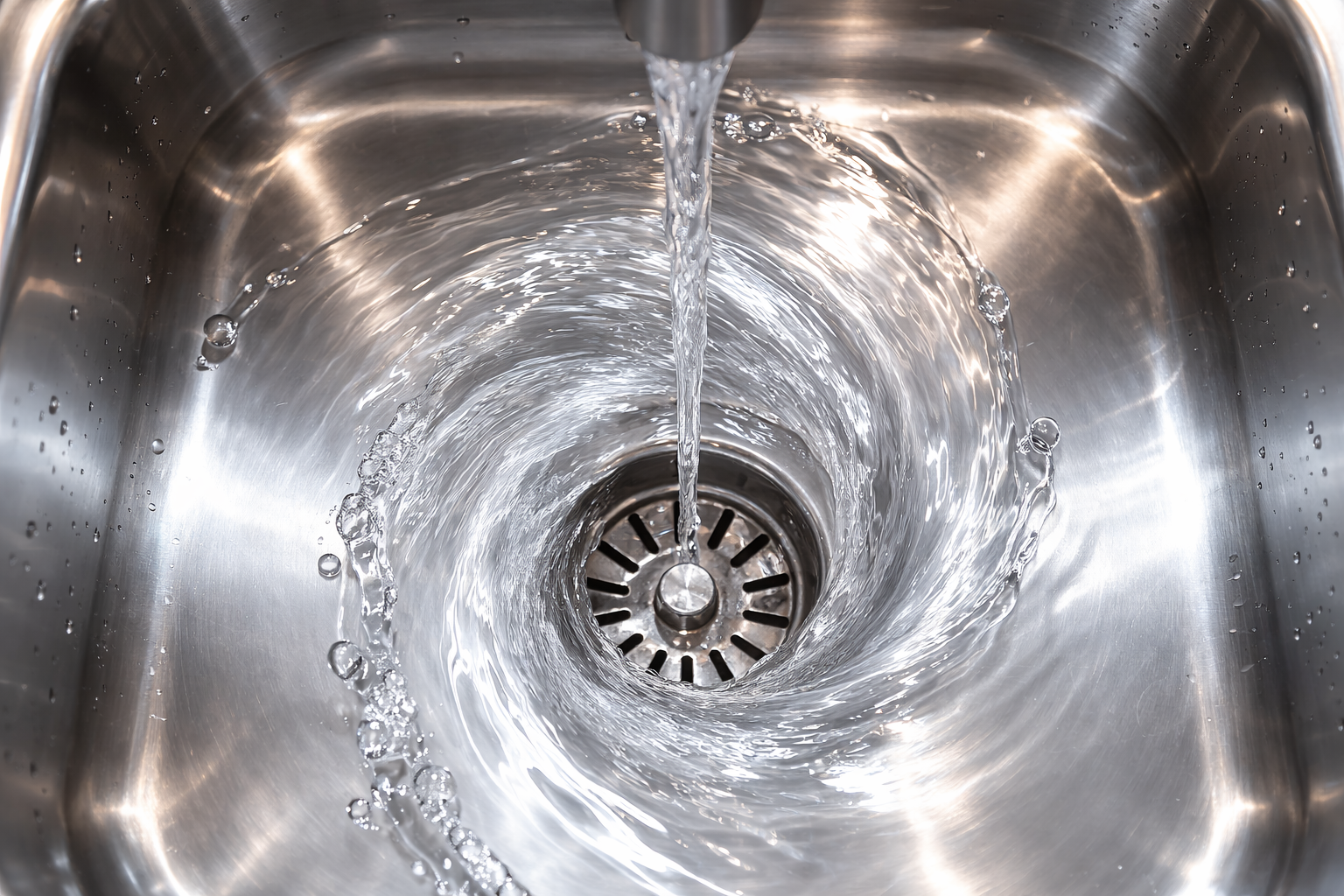 Water swirling down a stainless steel kitchen sink drain