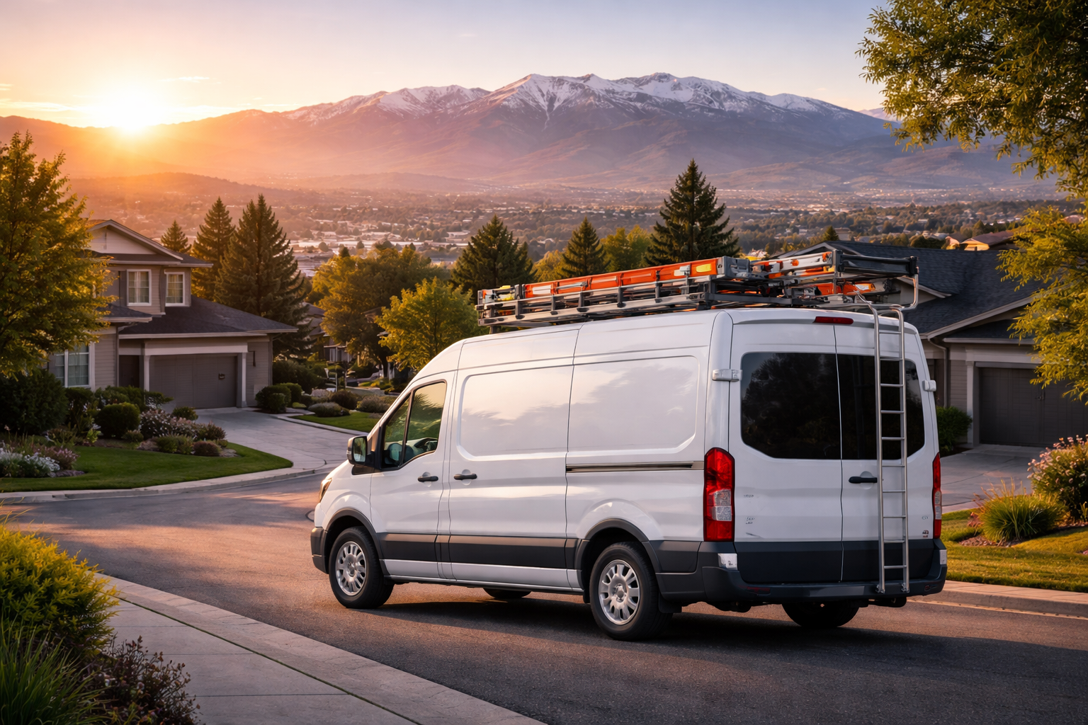 White work van parked on a suburban street at sunset, with mountains in the background.