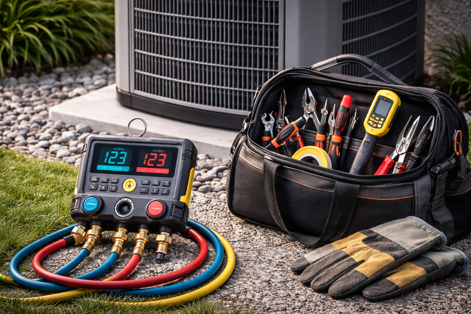 HVAC gauges and tools beside an outdoor air conditioner unit, with coiled hoses and gloves