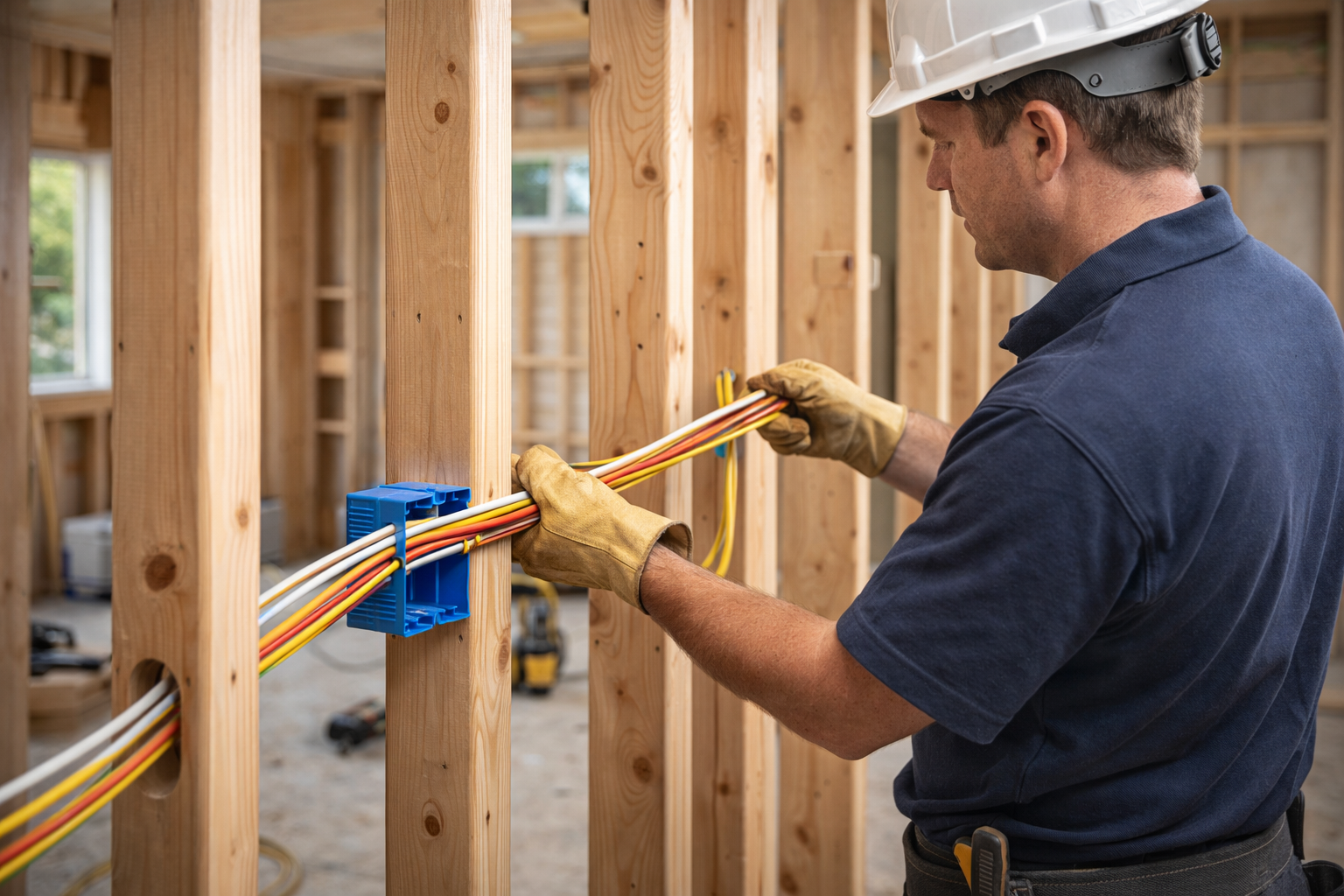 Worker in a hard hat routing colorful cables through a wooden building frame