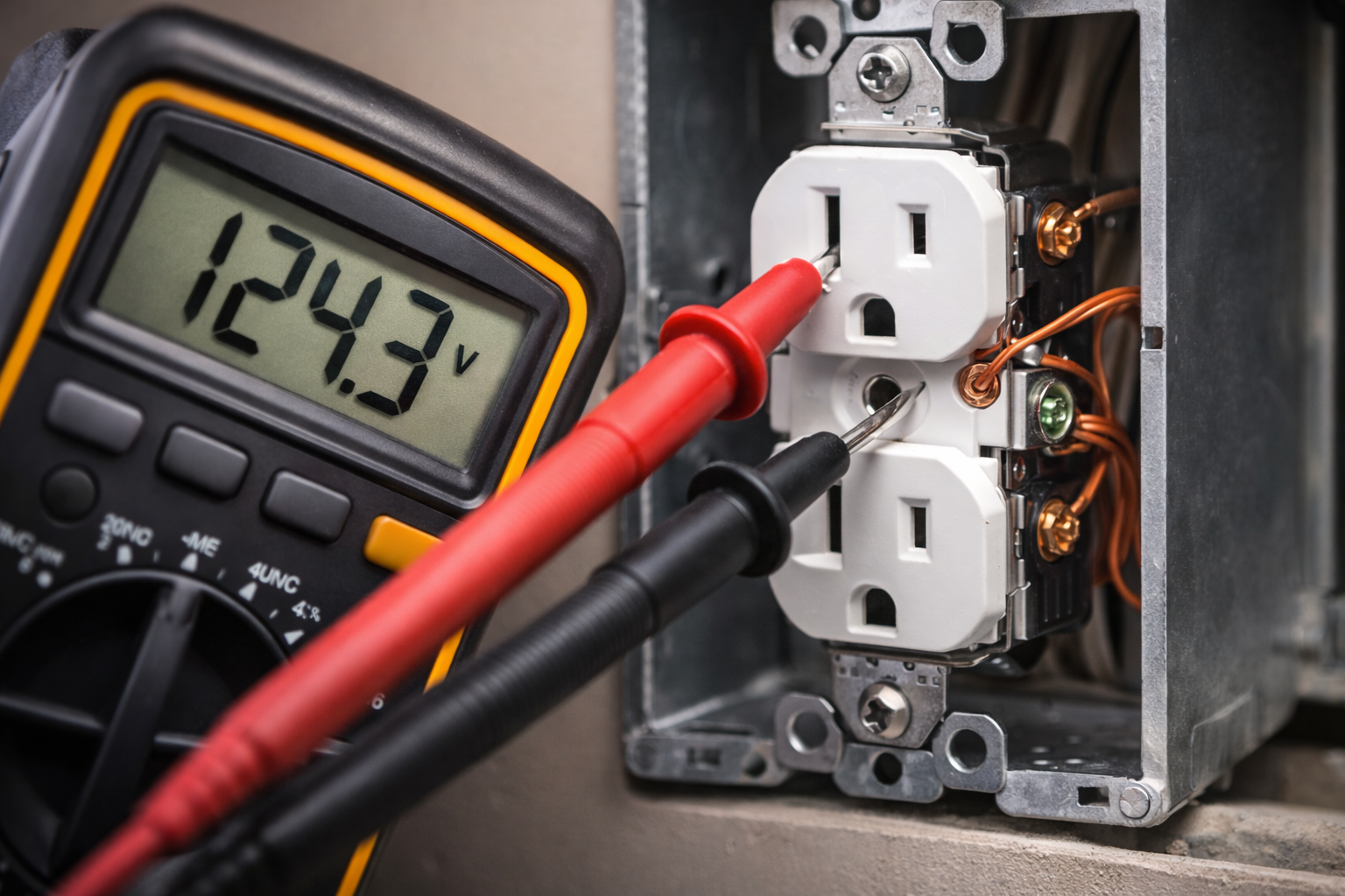 Digital multimeter probes testing an electrical outlet with visible wiring, showing 124.3 volts.